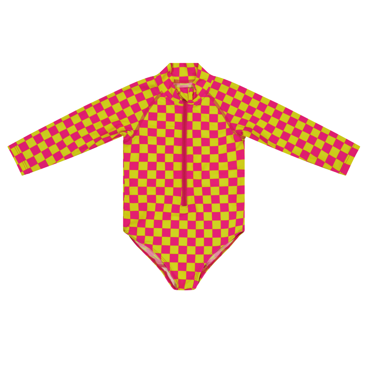 Pink and yellow checkered swimsuit with long sleeves on a white background