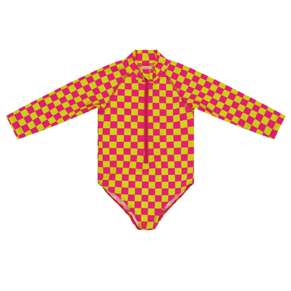 Pink and yellow checkered swimsuit with long sleeves on a white background