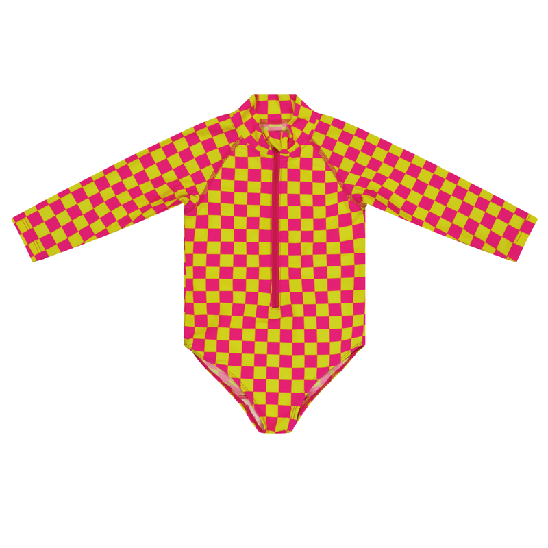 Pink and yellow checkered swimsuit with long sleeves on a white background